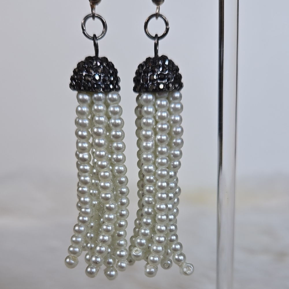 E-029-Faux Pearl Strands with a Cap of Dark Sparkly Rhinestones Tassel Earrings